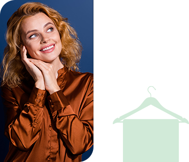 Photo of good mood dreamy woman with wavy hair dressed silk shirt arms on cheek look empty space isolated on dark blue color background